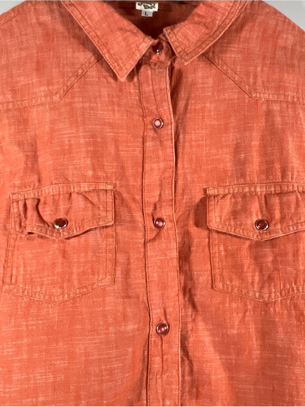 Ivy Jane Women's L Blouse Coral Orange Puff Sleeve Western Pearl Snap Shirt - Picture 2 of 12